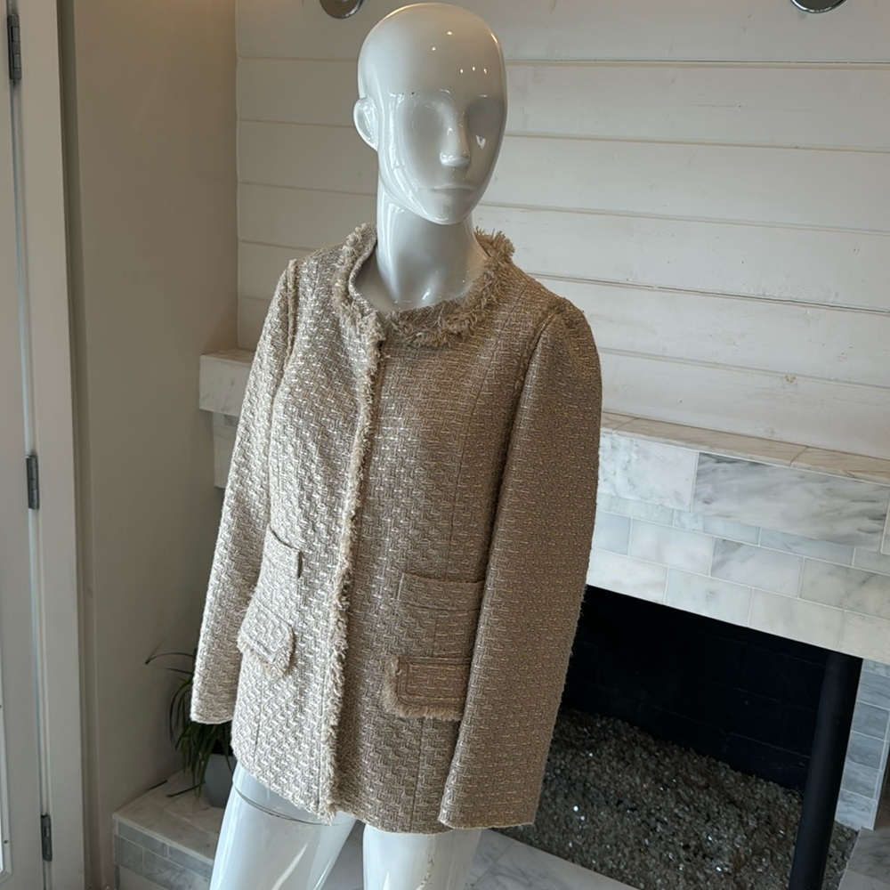 J. Crew Tan Metallic Tweed Fringed Blazer Size 8